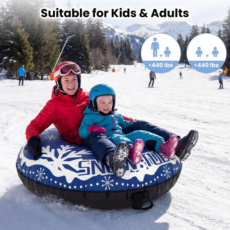 Heavy-duty 42" inflatable snow tube in blue, suitable for kids and adults, featuring a detachable tow strap for easy.