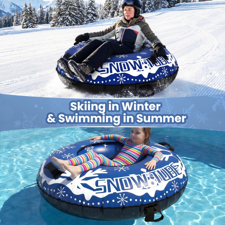 Heavy-duty 42" inflatable snow tube in blue, designed for skiing in winter and swimming in summer, supports 400 lbs.