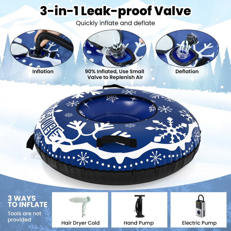 42" heavy-duty inflatable snow tube in blue with 3-in-1 valve for quick inflation and 400 lbs weight capacity.
