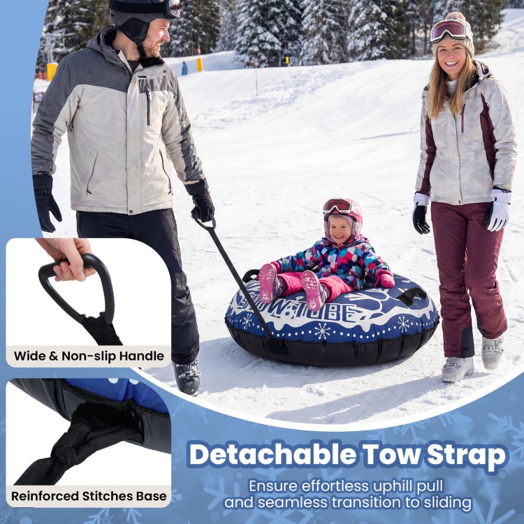 42" heavy-duty inflatable snow tube in blue with detachable tow strap for easy transport and 400 lbs weight capacity.