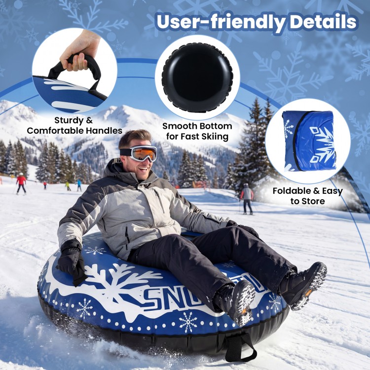 Heavy-duty 42" inflatable snow tube in blue with sturdy handles and smooth bottom for fast skiing, foldable for easy.
