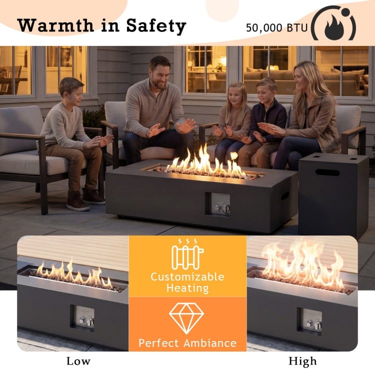 42-inch rectangular fire table with 50,000 BTU output, removable lid, and tank holder for outdoor gatherings.