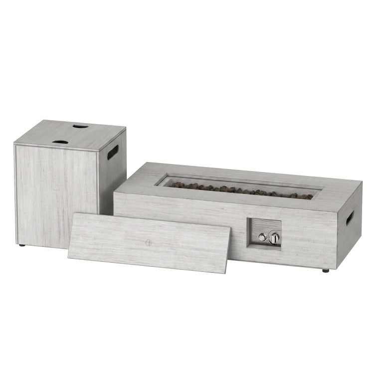 Rectangular 42-inch outdoor fire table with 50,000 BTU output, removable lid, and multifunctional tank holder for versatile use.
