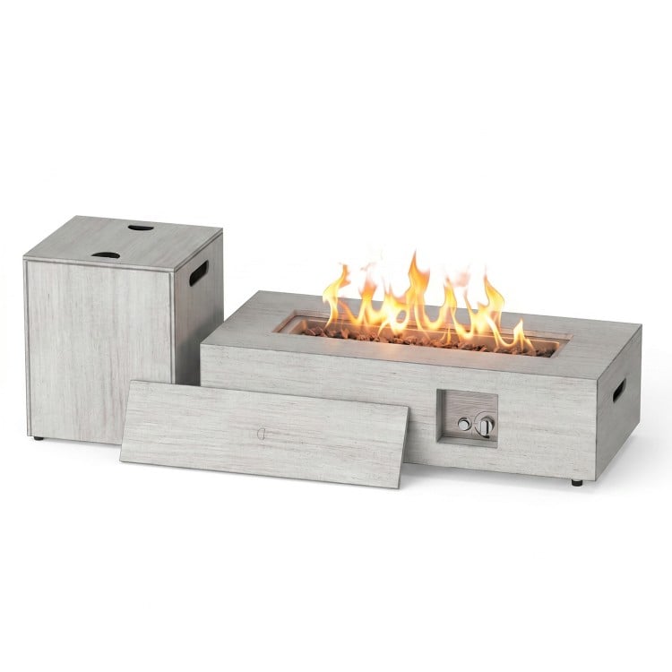 Side view of the 42-inch outdoor rectangular fire table showcasing the adjustable flame control and durable cold rolled steel design.