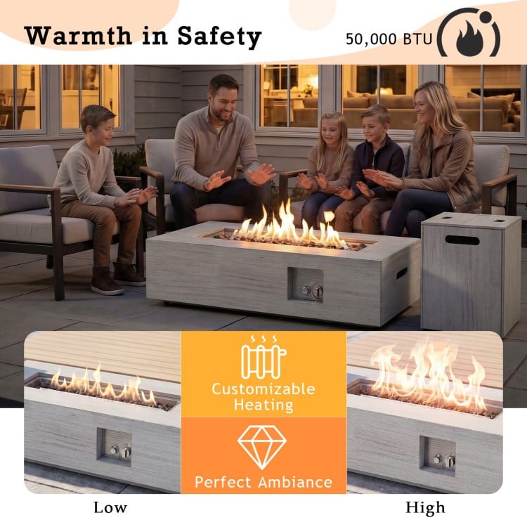 42-inch rectangular fire table with 50,000 BTU output, removable lid, and tank holder for outdoor warmth and ambiance.