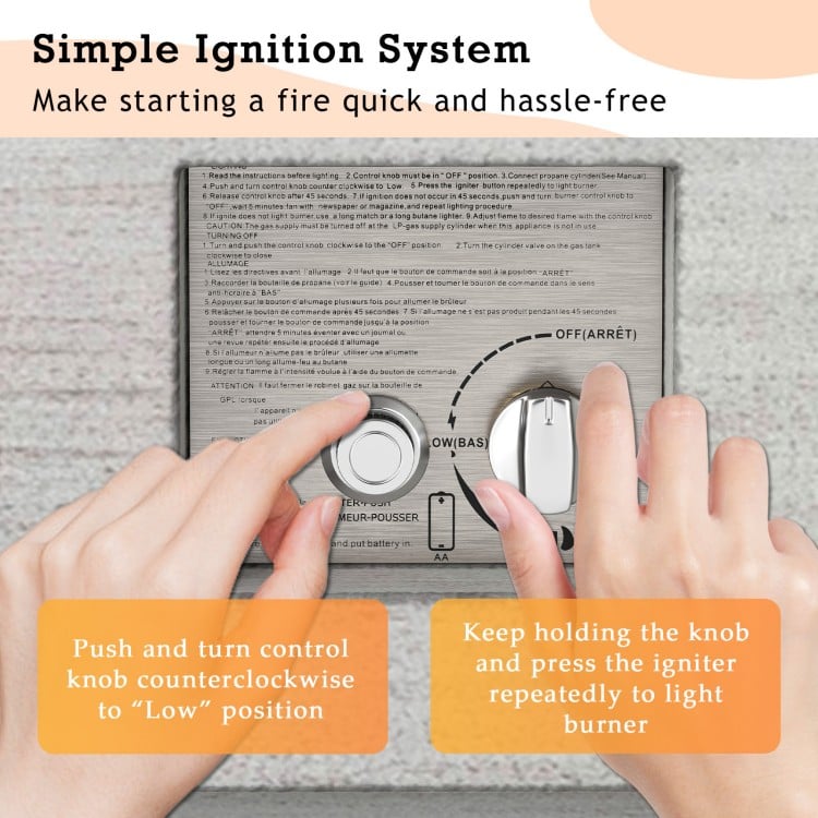 Simple ignition system allows easy fire starting for the 42-inch outdoor rectangular fire table with 50,000 BTU output.
