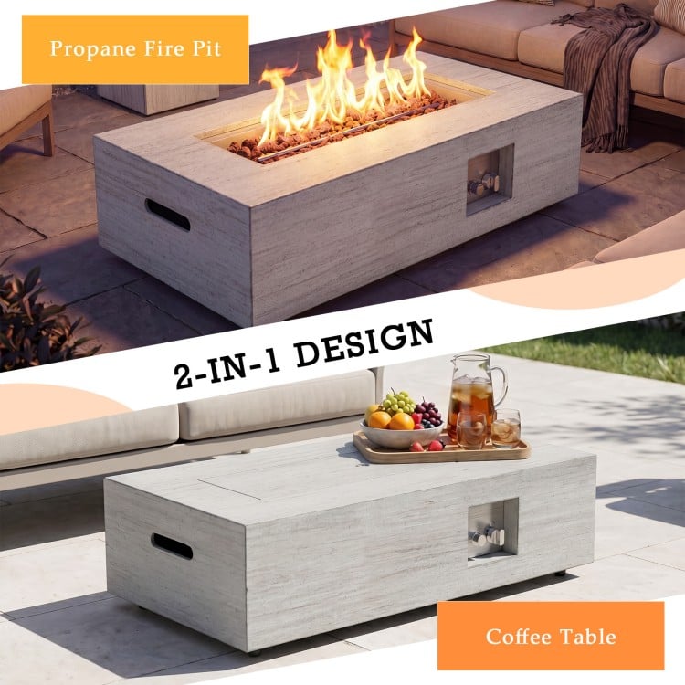 Rectangular 42-inch outdoor fire table with removable lid, 50,000 BTU heat output, and multifunctional tank holder.