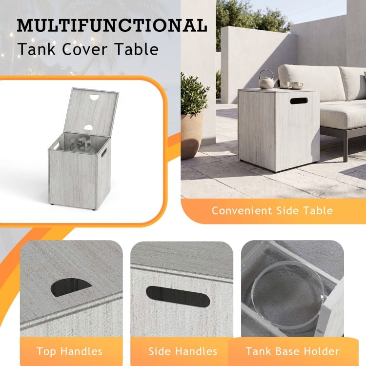 Multifunctional 42-inch outdoor fire table with tank holder, featuring a removable lid and convenient side table design.
