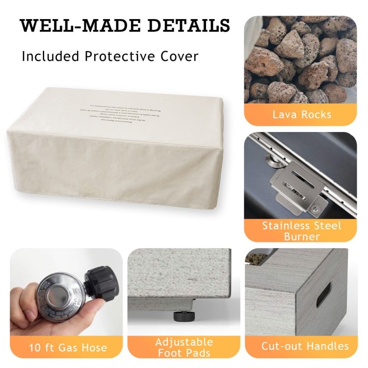 42-inch rectangular fire table with stainless steel burner, 50,000 BTU output, and included protective cover for outdoor use.