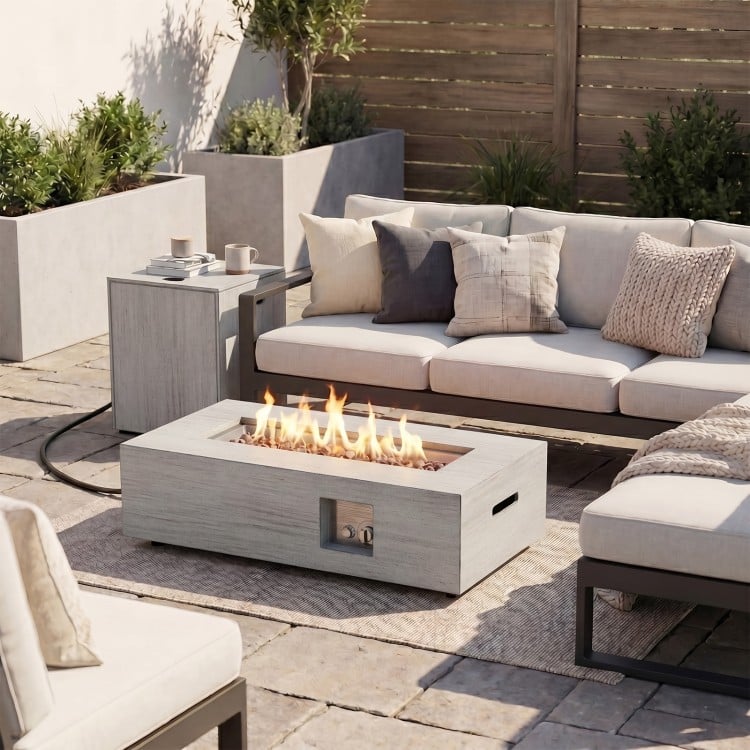 Rectangular 42-inch outdoor fire table with 50,000 BTU output, removable lid, and multifunctional tank holder for safety.