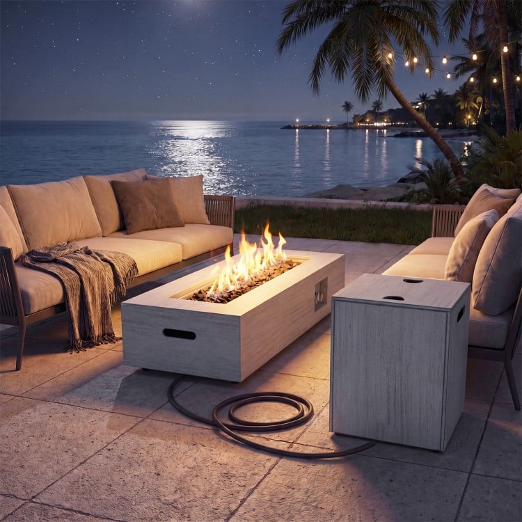 Rectangular 42-inch outdoor fire table with 50,000 BTU output, removable lid, and tank holder for versatile use.