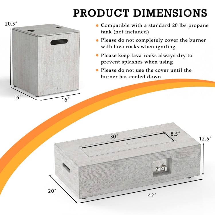 42-inch outdoor rectangular fire table with a 50,000 BTU output, tank holder, and removable lid for versatile use.