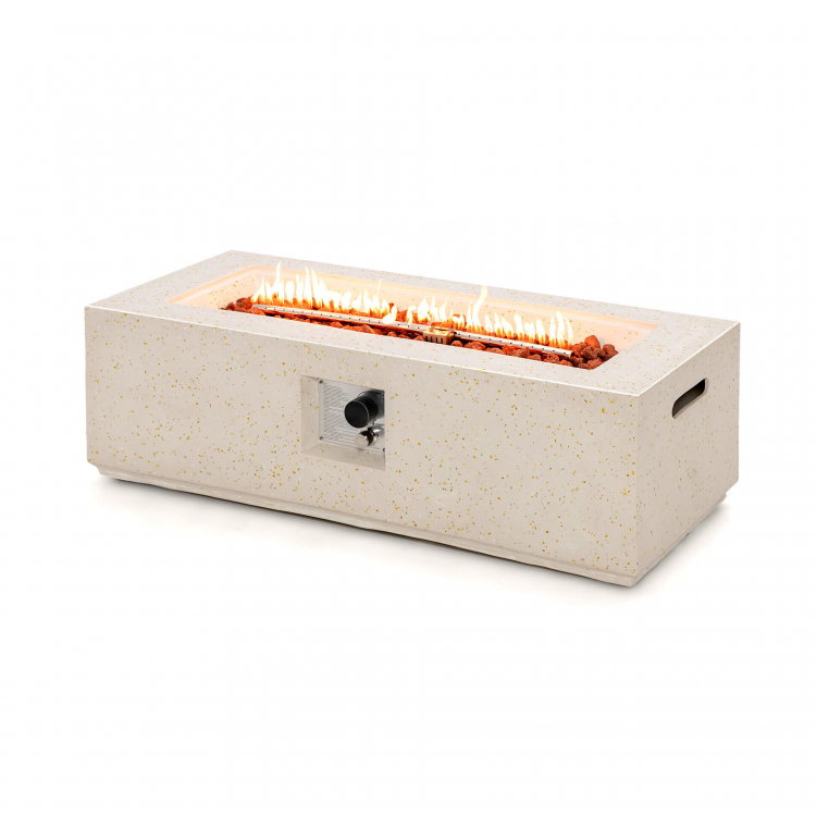 Rectangle terrazzo fire pit table with 50,000 BTU output, stainless steel burner, and weatherproof PVC cover.
