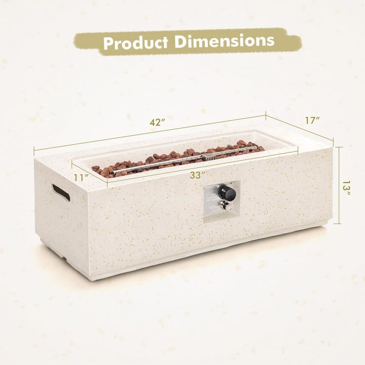 42-inch terrazzo fire pit table dimensions with stainless steel burner and PVC cover, ideal for outdoor warmth.