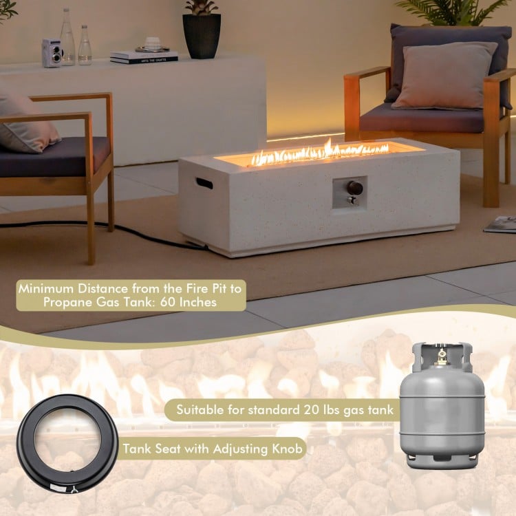 Rectangle terrazzo fire pit table with 50,000 BTU, PVC cover, and adjustable flame for outdoor warmth and safety.