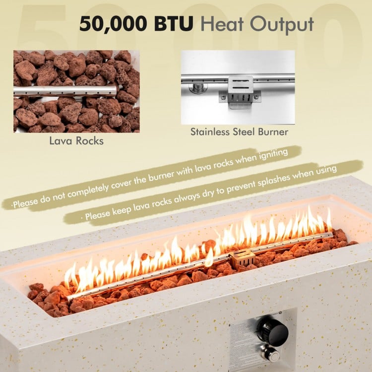 42-inch terrazzo fire pit table with stainless steel burner and lava rocks, providing 50,000 BTU heat output for.