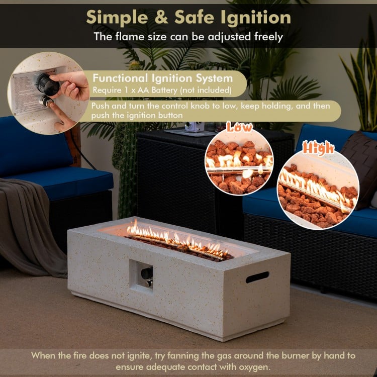 42-inch terrazzo fire pit table with adjustable flame and PVC cover, providing warmth for outdoor gatherings.