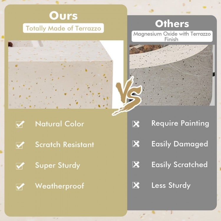 Comparison of 42-inch terrazzo fire pit table highlighting its natural color, scratch resistance, and weatherproof.