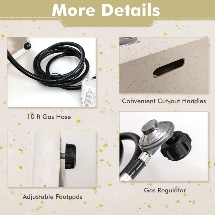 Adjustable footpads and gas regulator for the 42 Inch 50,000 BTU Terrazzo Fire Pit Table with 10 ft gas hose.