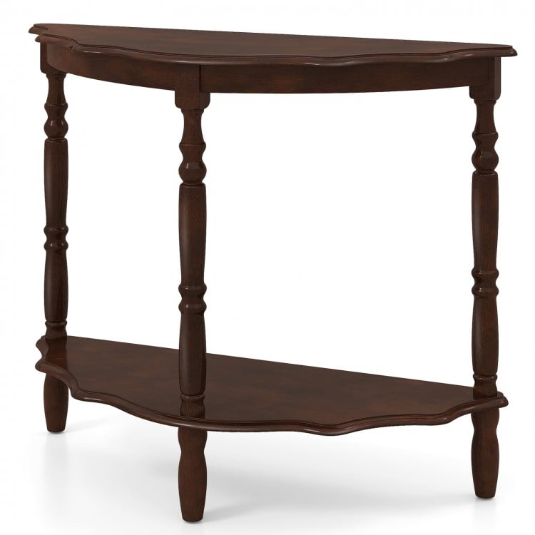 Half-moon console table with espresso finish, rubber wood legs, and open shelf for hallway or living room organization.