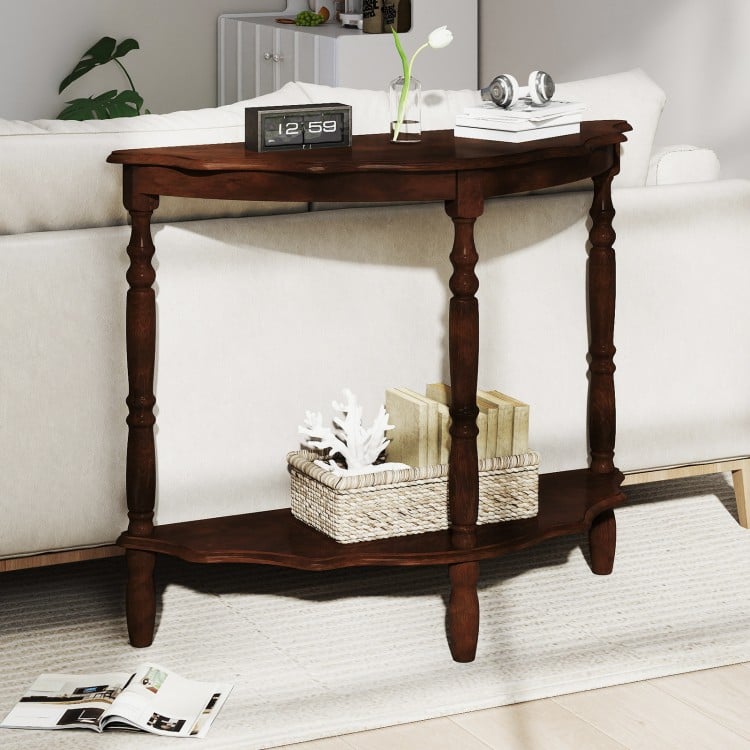 Elegant half-moon console table in espresso with rubber wood legs, showcasing cloud-shaped shelves in a stylish living.