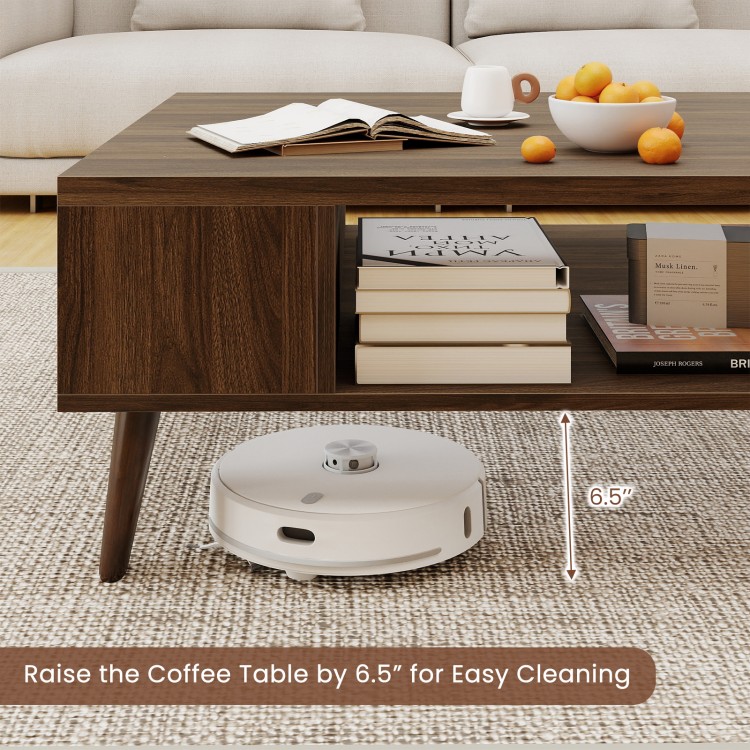 Mid-century modern walnut coffee table with open compartment, raised 6.5" for easy cleaning and ample storage space.
