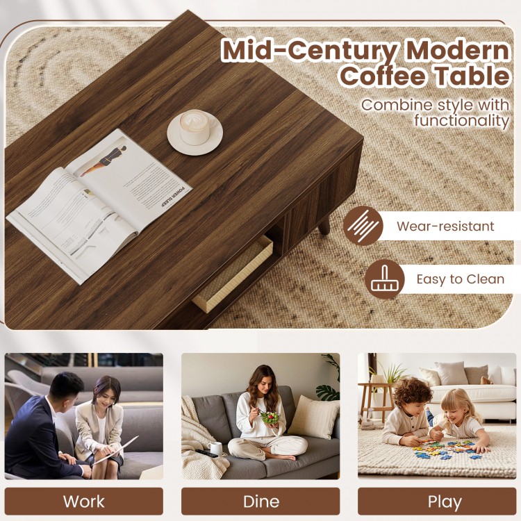 Rectangular 42-inch mid-century modern coffee table in walnut with open compartment and side shelves for versatile.