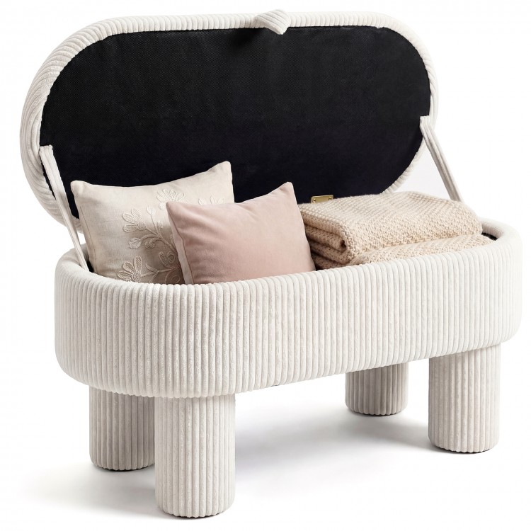 Beige 42-inch storage ottoman bench with plush corduroy fabric, lifting lid, and thick support legs for versatile use.