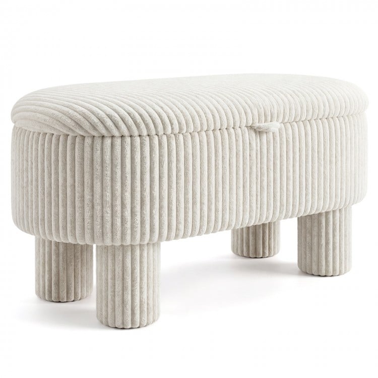 Beige 42-inch storage ottoman bench with plush corduroy fabric, sturdy legs, and convenient lifting strap for versatile.