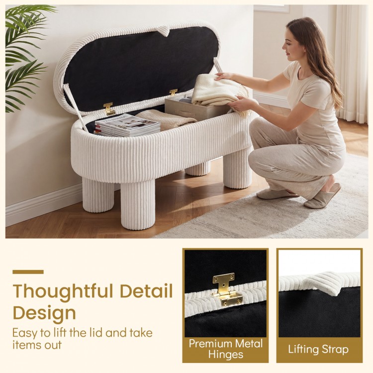 Beige 42-inch storage ottoman bench with plush corduroy fabric and lifting strap, ideal for versatile storage solutions.