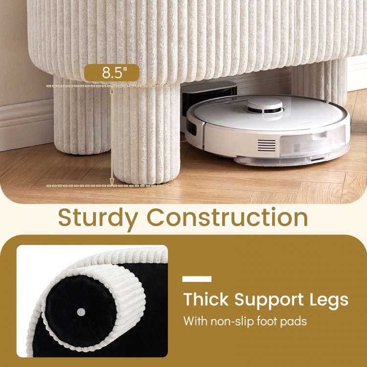 Beige 42-inch storage ottoman bench with plush corduroy fabric and thick support legs, ideal for versatile seating and.