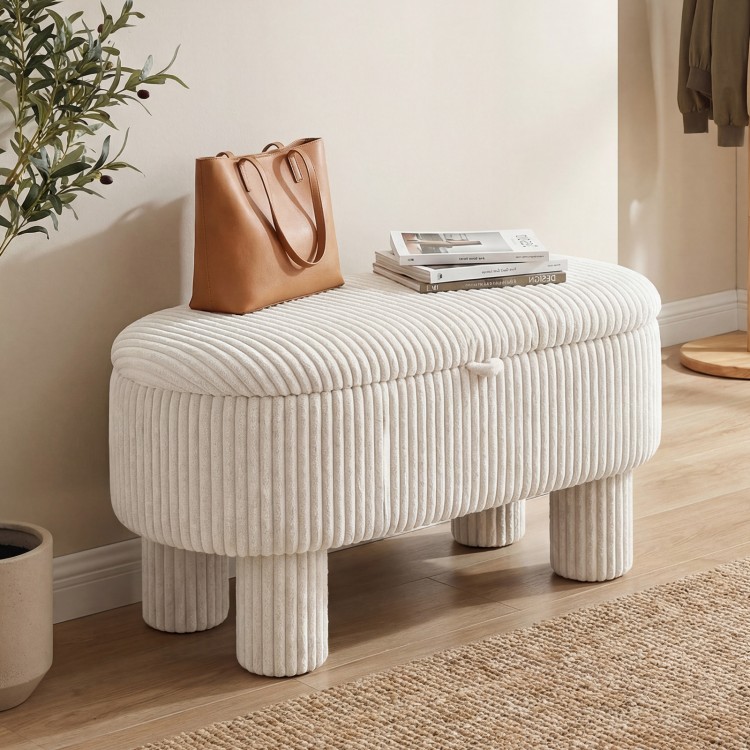 Beige 42-inch storage ottoman bench with plush corduroy fabric, perfect as a footstool or shoe bench.