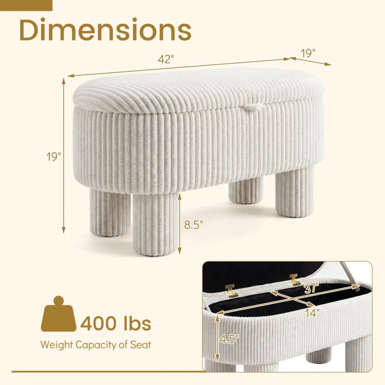 Beige 42-inch storage ottoman bench with corduroy fabric, featuring a sturdy design and 400 lbs weight capacity.