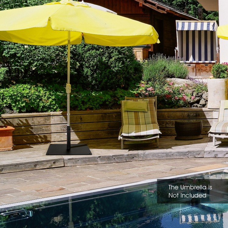 Black 25-inch square patio umbrella base made of powder-coated steel, ideal for stability on uneven ground.