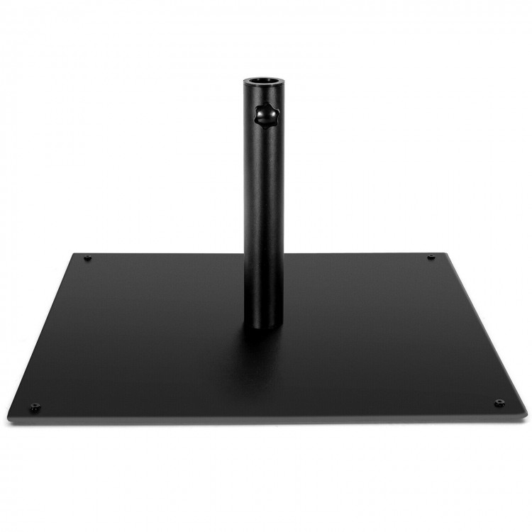Square black patio umbrella base made of powder-coated steel, 42 lbs, suitable for 1.6"/1.9" poles, ideal for outdoor.