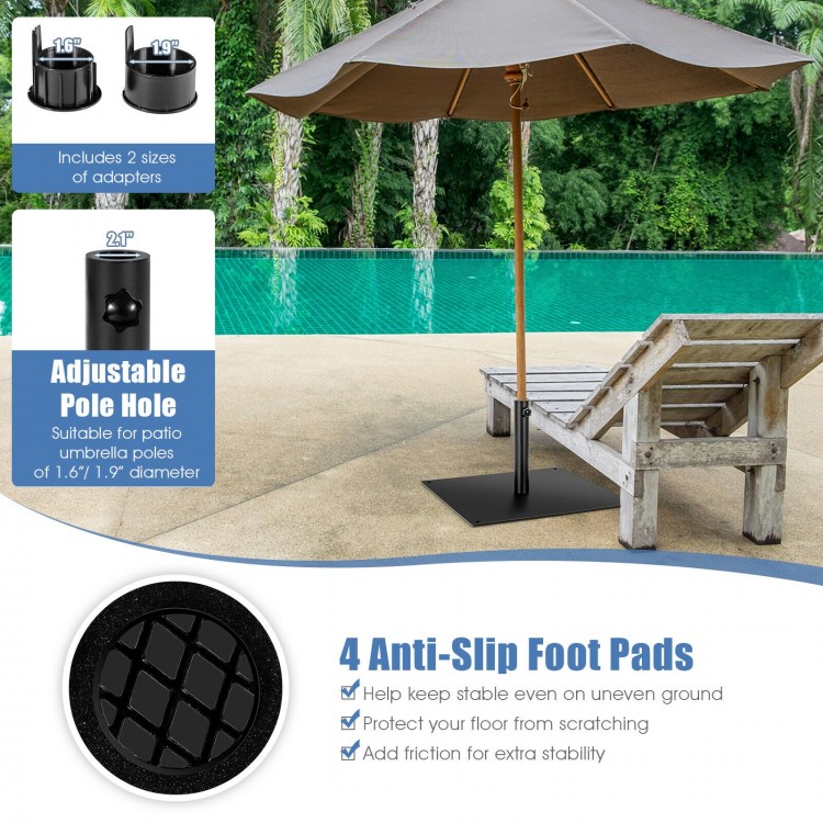 42 lbs weighted patio umbrella base with adjustable pole hole, anti-slip foot pads, and durable powder-coated steel.