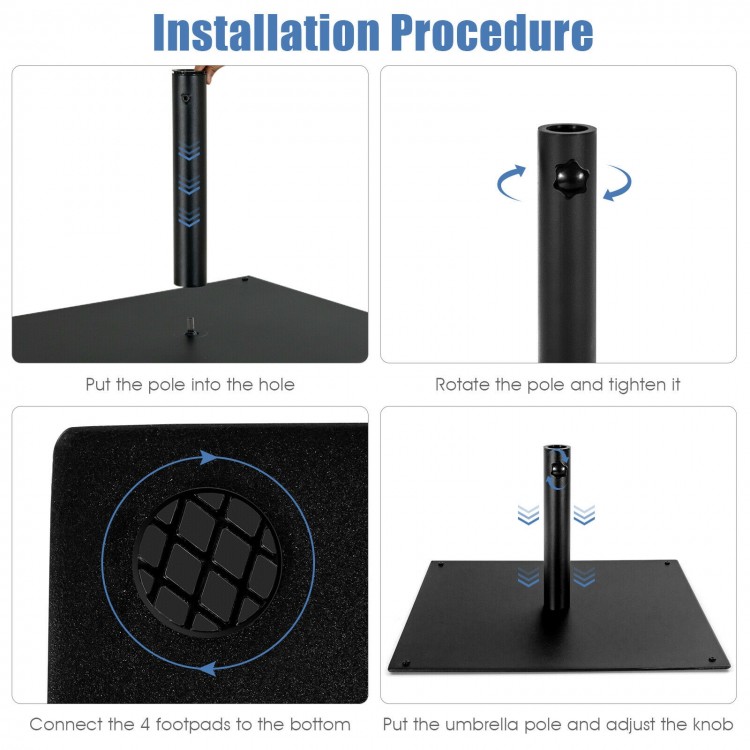 Installation steps for the 42 lbs weighted 25-inch square patio umbrella base with adjustable knob and anti-slip.