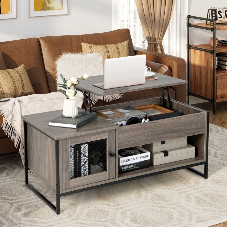 Lift top coffee table in gray with storage, featuring a rustic wood grain and metal frame for versatile use.