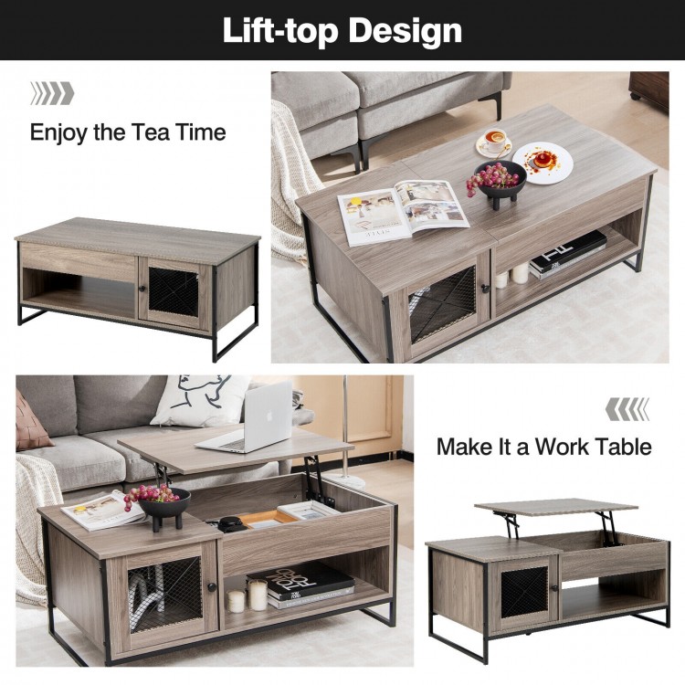 42-inch gray lift-top coffee table with storage, featuring a rustic wood grain design and U-shaped legs for stability.