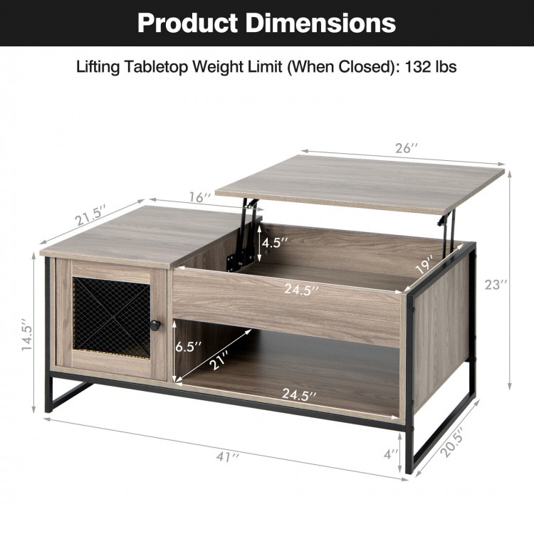 Lift top coffee table with storage and hidden compartment, featuring a gray wood grain finish and metal frame for.