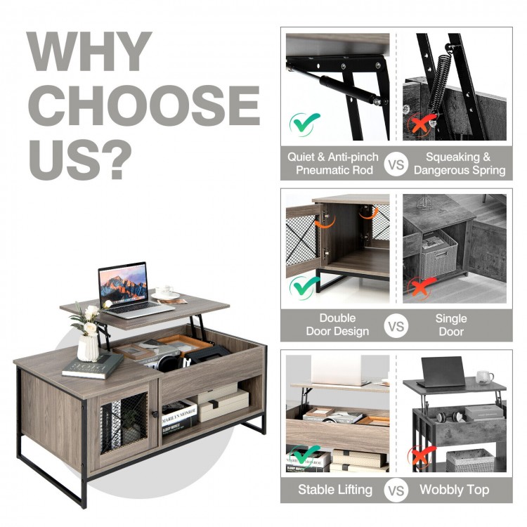 Lift top coffee table in gray with storage, double door design, and stable pneumatic lift for versatile use.