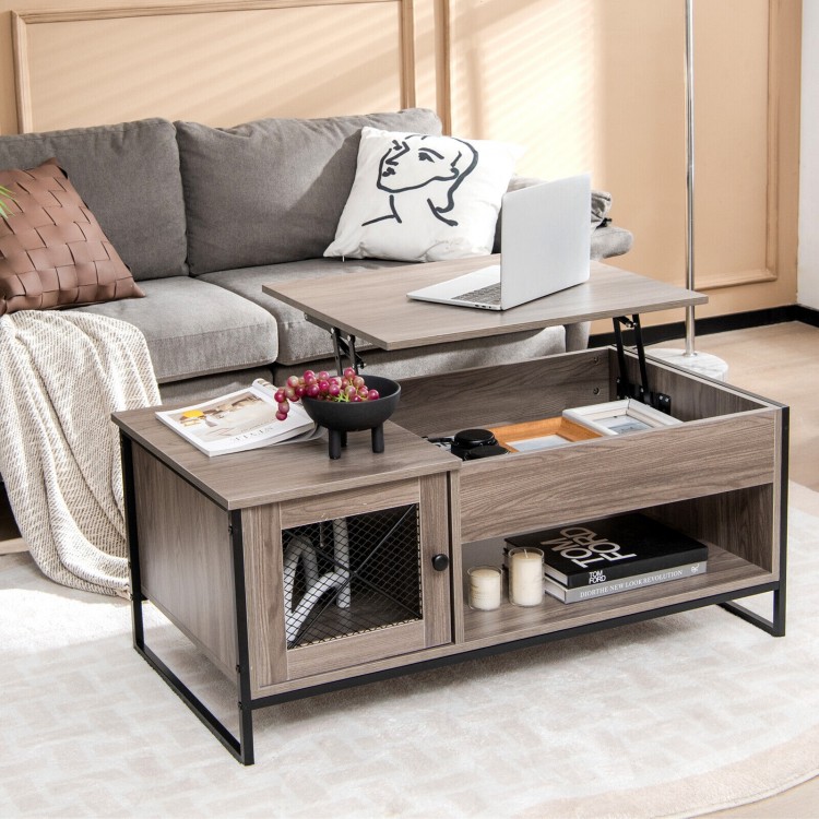 Lift top coffee table in gray with storage, featuring a rustic wood grain design and U-shaped metal legs for stability.