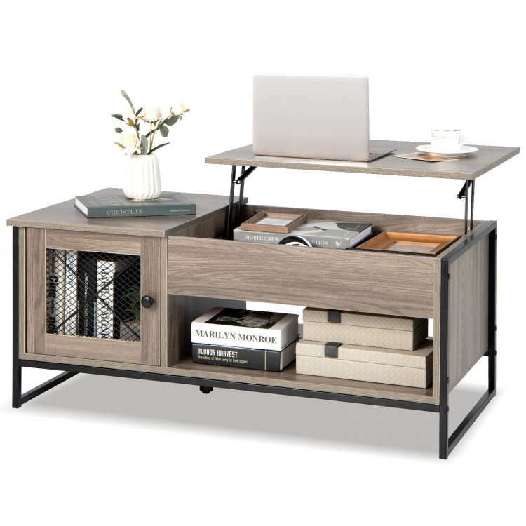 Lift top coffee table in gray with storage, enclosed compartment, and industrial design for versatile use.