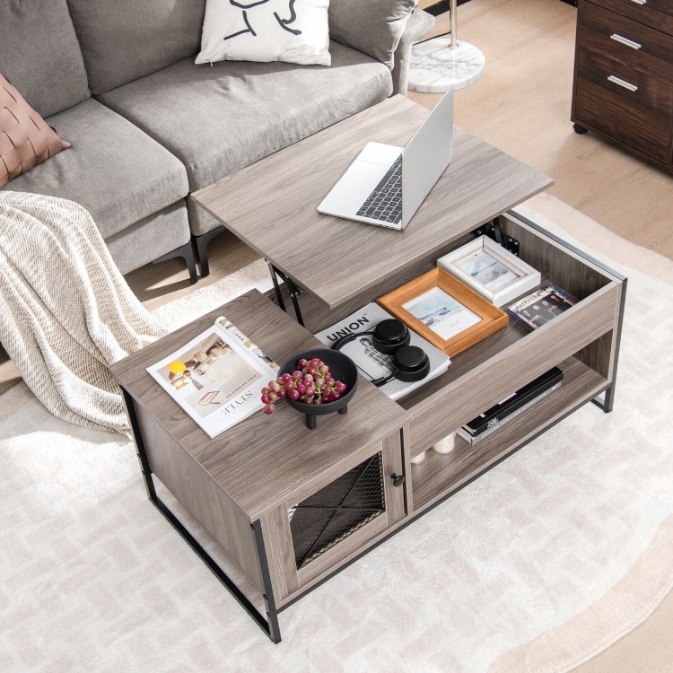 Lift top coffee table in gray with storage, enclosed compartment, and open shelf for versatile use in living spaces.