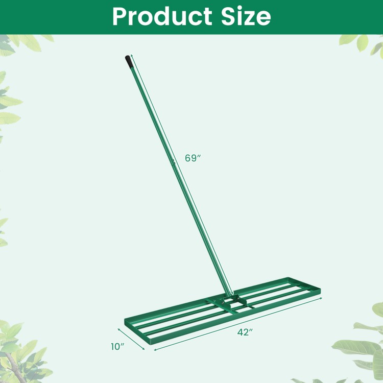 Lawn leveling rake with a 42 x 10 inch plate and ergonomic handle, ideal for backyard and garden use.