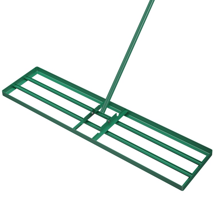 42 x 10 inch lawn leveling rake with ergonomic handle, rustproof metal, ideal for leveling grass surfaces in gardens.