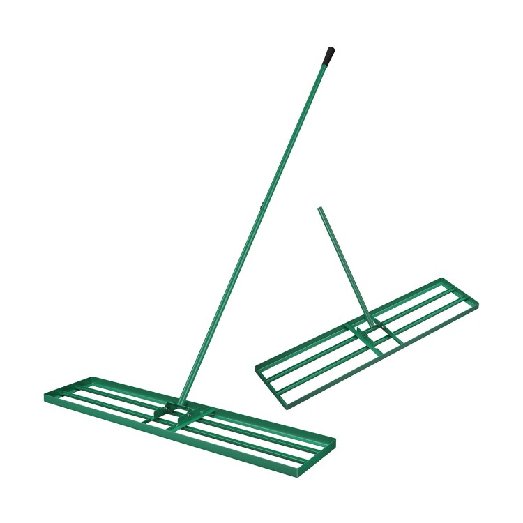 Lawn leveling rake with ergonomic handle, 42 x 10 inches, featuring a rustproof design for efficient lawn care.