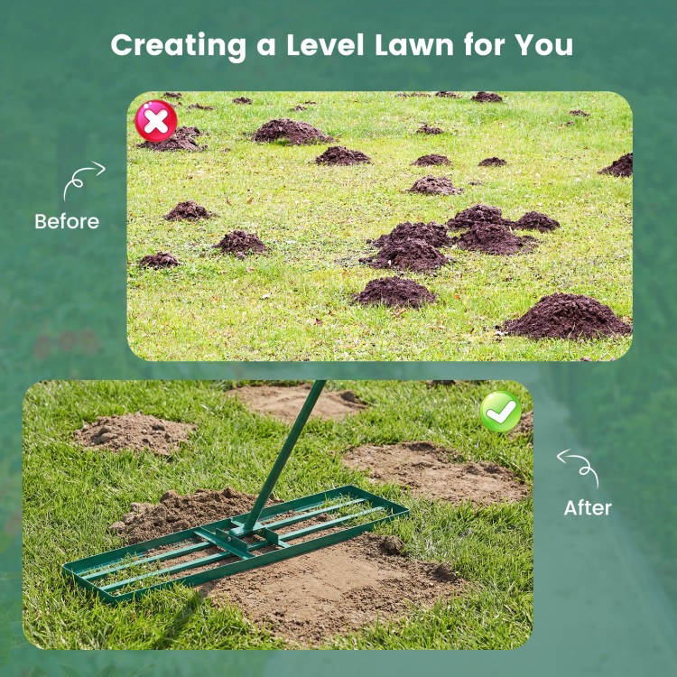 Lawn leveling rake with ergonomic handle, showcasing before and after results for a smooth lawn surface.