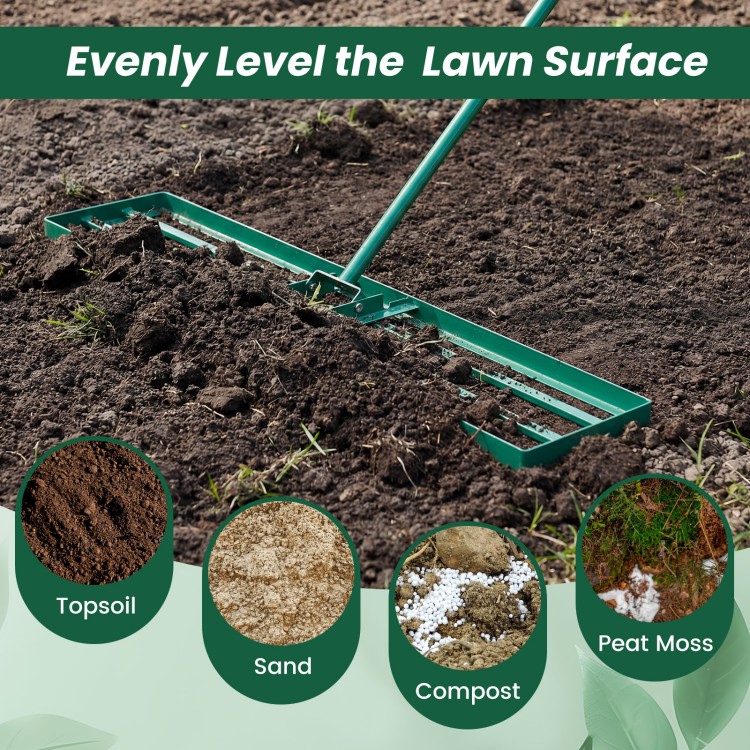 Lawn leveling rake with ergonomic handle, 42 x 10 inches, ideal for leveling surfaces in gardens and backyards.