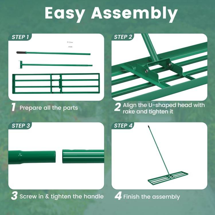 Lawn leveling rake assembly steps showing ergonomic handle, U-shaped head, and rustproof metal pipes for easy setup.